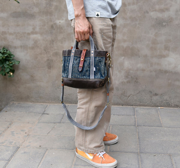 Vintage Denim and Leather Tote Crossbody Bag Washed Canvas Patchwork Small Handbag for Women Nice