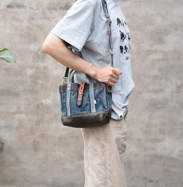 Vintage Denim and Leather Tote Crossbody Bag Washed Canvas Patchwork Small Handbag for Women Original