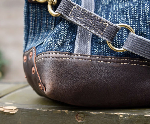 Vintage Denim and Leather Tote Crossbody Bag Washed Canvas Patchwork Small Handbag for Women Small