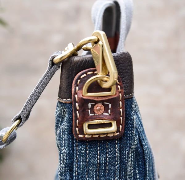 Vintage Denim and Leather Tote Crossbody Bag Washed Canvas
