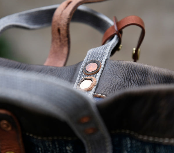 Vintage Denim and Leather Tote Crossbody Bag Washed Canvas Patchwork Small Handbag for Women