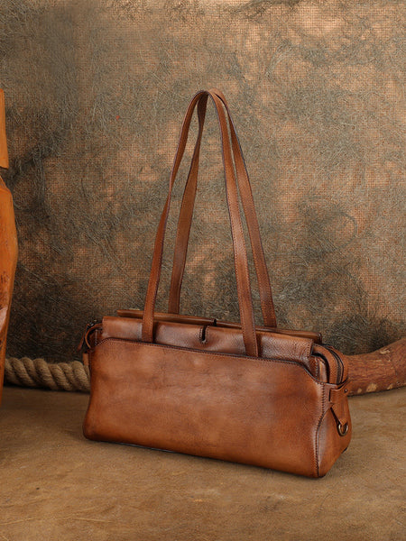 Vintage East West Leather Shoulder Bag for Women Genuine Cowhide Everyday Handbag Brown