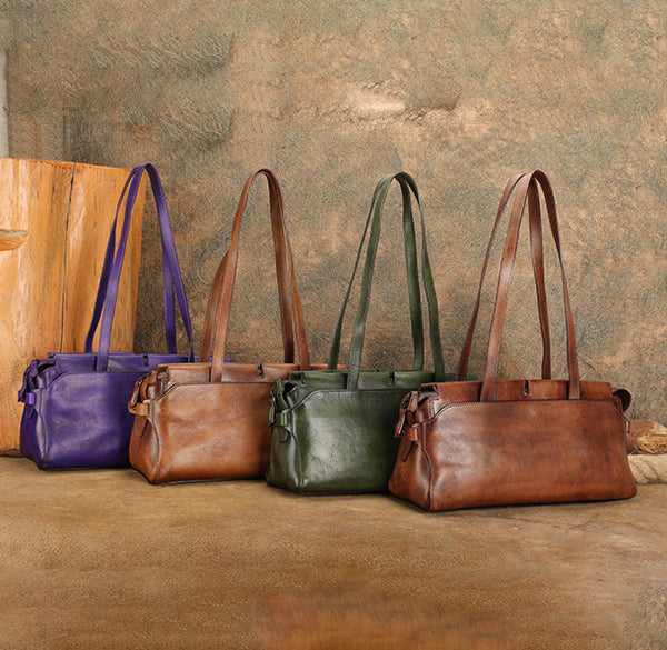 Vintage East West Leather Shoulder Bag for Women Genuine Cowhide Everyday Handbag Classic