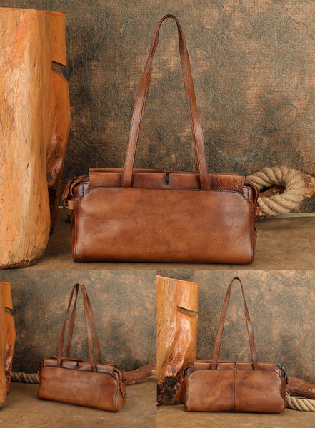 Vintage East West Leather Shoulder Bag for Women Genuine Cowhide Everyday Handbag Classy