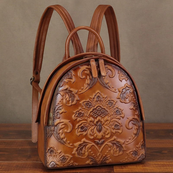 Vintage Embossed Genuine Leather Backpack for Women Handmade Floral Pattern Small Daypack Accessories