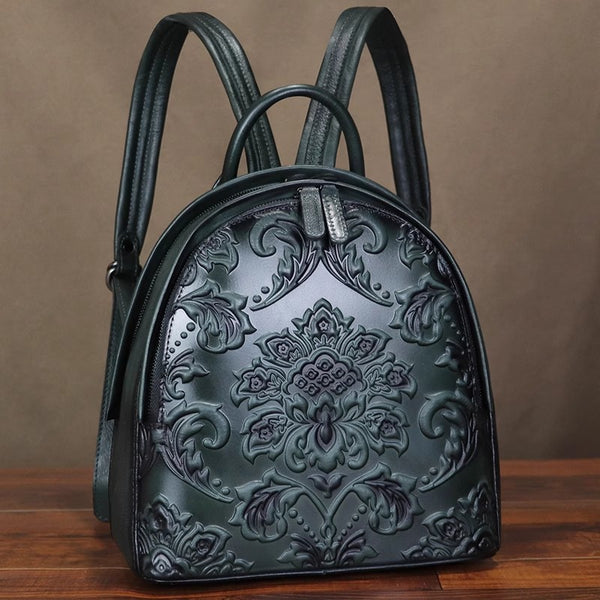 Vintage Embossed Genuine Leather Backpack for Women Handmade Floral Pattern Small Daypack Affordable