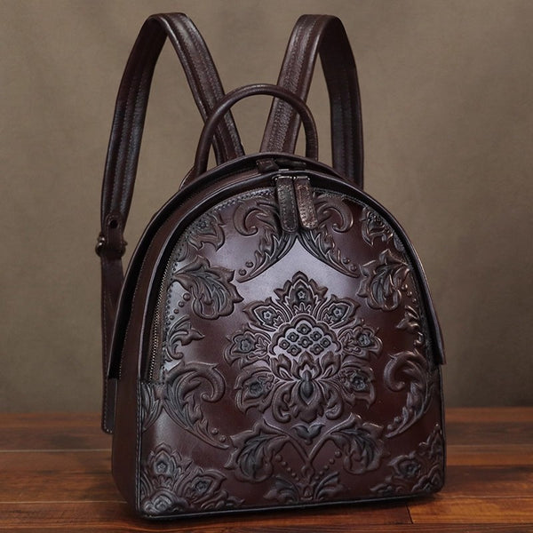 Vintage Embossed Genuine Leather Backpack for Women Handmade Floral Pattern Small Daypack Badass