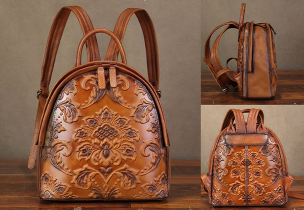 Women’s Real Leather Embossed Backpack Retro Handcrafted Floral Travel Bag with Dual Zippers