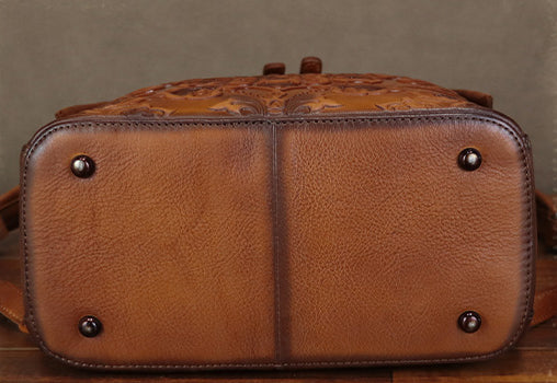 Vintage Embossed Genuine Leather Backpack for Women Handmade Floral Pattern Small Daypack Brown