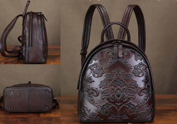 Vintage Embossed Genuine Leather Backpack for Women Handmade Floral Pattern Small Daypack Chic