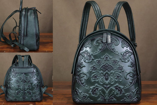 Vintage Embossed Genuine Leather Backpack for Women Handmade Floral Pattern Small Daypack Classy