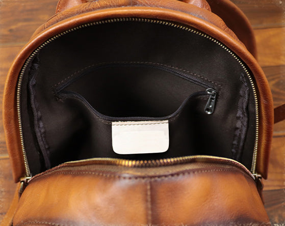 Vintage Embossed Genuine Leather Backpack for Women Handmade Floral Pattern Small Daypack Cool