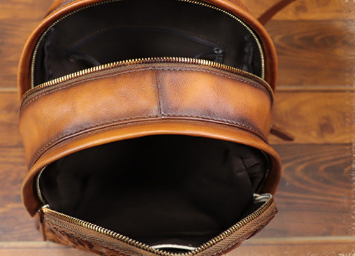 Vintage Embossed Genuine Leather Backpack for Women Handmade Floral Pattern Small Daypack Cowhide