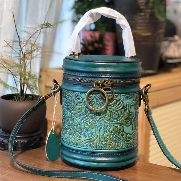 Vintage Embossed Leather Barrel Bag for Women Mini Top Handle Crossbody Purse Accessories