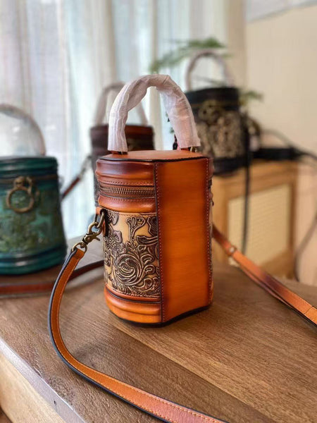 Vintage Embossed Leather Barrel Bag for Women Mini Top Handle Crossbody Purse Back