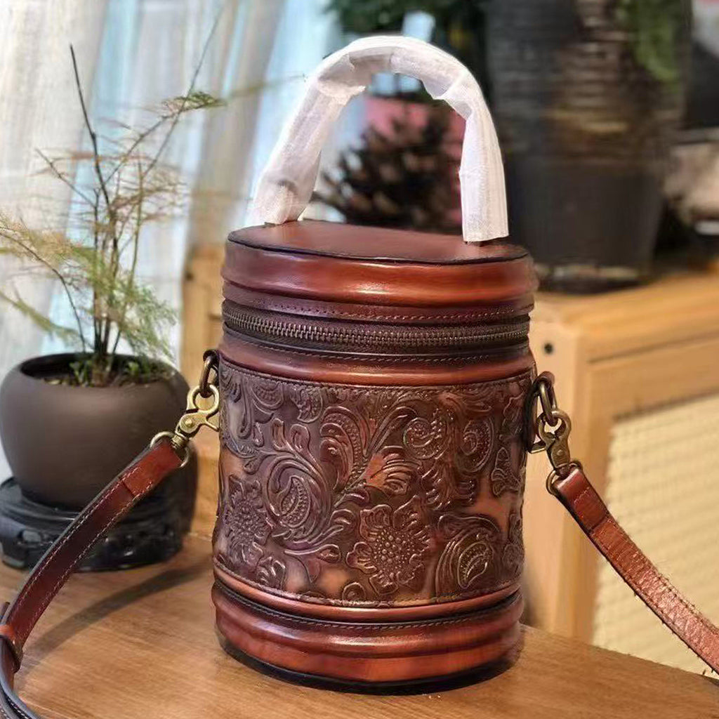 Vintage Embossed Leather Barrel Bag for Women Mini Top Handle Crossbody Purse Beautiful