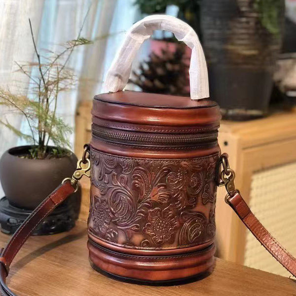Vintage Floral Embossed Leather Barrel Bag for Women Mini Crossbody Purse