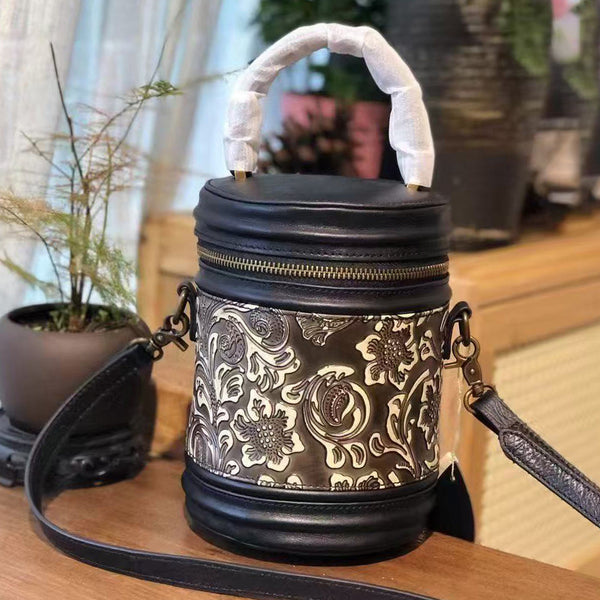 Vintage Embossed Leather Barrel Bag for Women Mini Top Handle Crossbody Purse Best