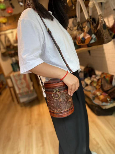 Womens Structured Leather Barrel Bag Vintage Embossed Top Handle Purse