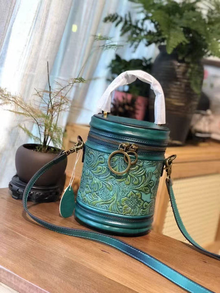 Vintage Embossed Leather Barrel Bag for Women Mini Top Handle Crossbody Purse Classic
