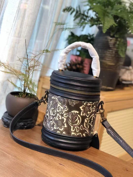 Vintage Embossed Leather Barrel Bag for Women Mini Top Handle Crossbody Purse Classy