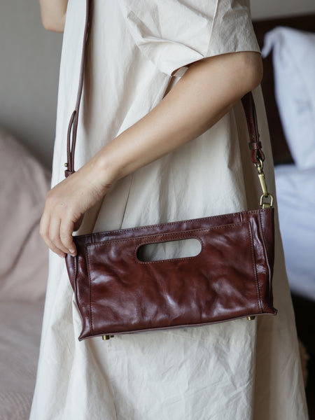 Vintage Full-Grain Leather Shoulder Bag Underarm Bag for Women Clutch Crossbody Handbag