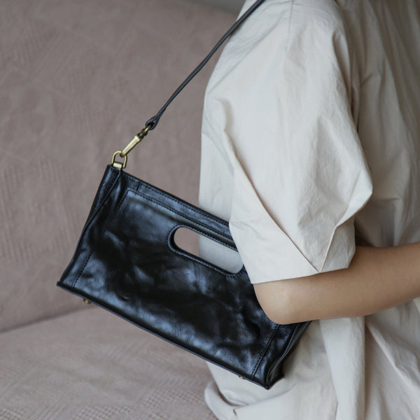 Vintage Full-Grain Leather Shoulder Bag Underarm Bag for Women Clutch Crossbody Handbag Black