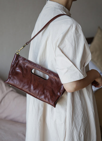 Vintage Full-Grain Leather Shoulder Bag Underarm Bag for Women Clutch Crossbody Handba Brown