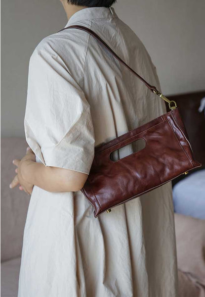 Vintage Full-Grain Leather Shoulder Bag Underarm Bag for Women Clutch Crossbody Handba Classic