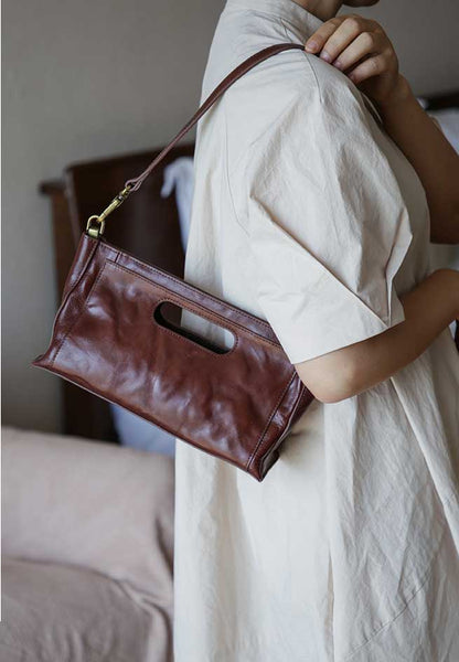 Vintage Full-Grain Leather Shoulder Bag Underarm Bag for Women Clutch Crossbody Handba Classy