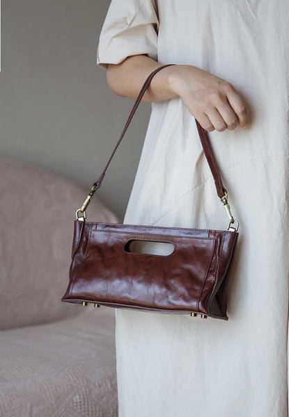 Vintage Full-Grain Leather Shoulder Bag Underarm Bag for Women Clutch Crossbody Handba Cute