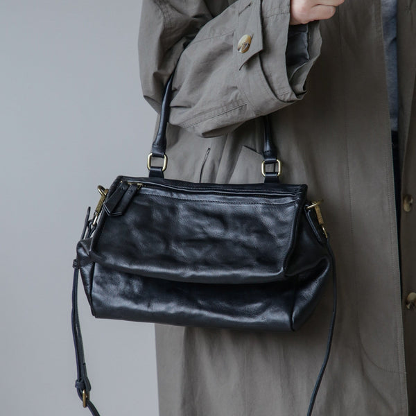Vintage Full Grain Leather Top Handle Crossbody Bag for Women Black