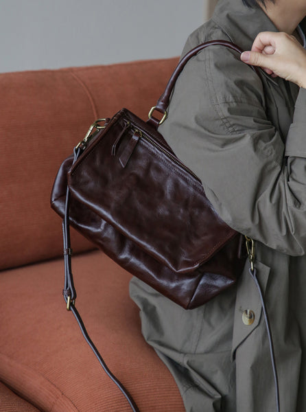 Vintage Full Grain Leather Top Handle Crossbody Bag for Women Chic