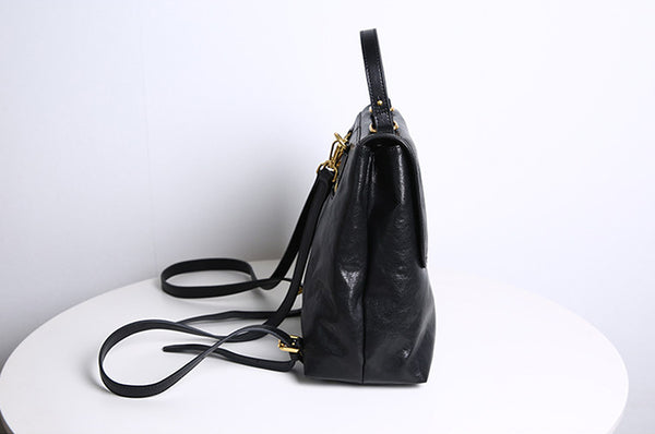 Vintage Genuine Leather Backpack Purse for Women Small Top Grain Cowhide Backpack Bag Black