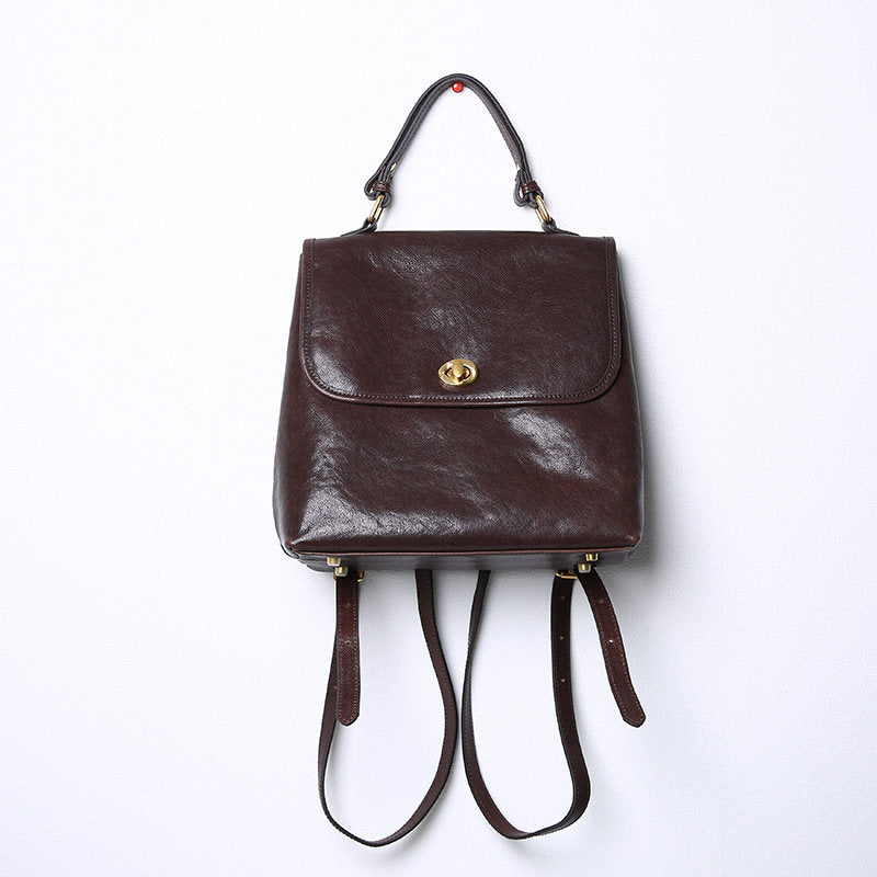 Retro Top Grain Leather Daypack for Women Small Everyday Backpack Bag