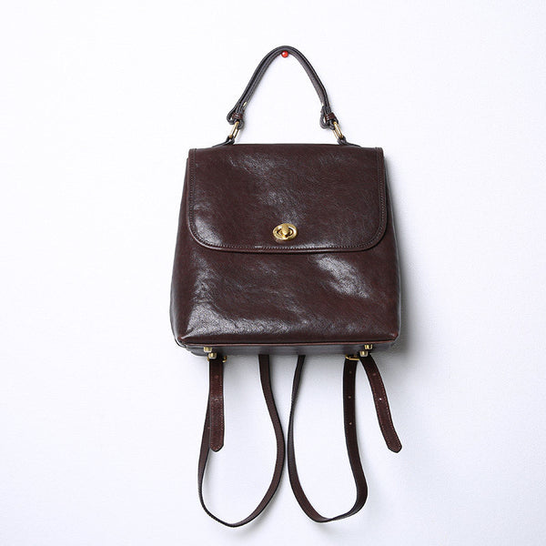 Vintage Genuine Leather Backpack Purse for Women Small Top Grain Cowhide Backpack Bag Classic