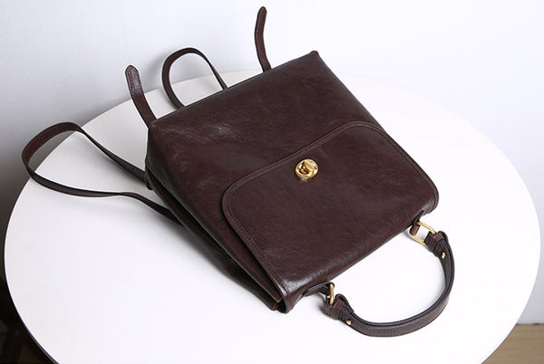 Vintage Genuine Leather Backpack Purse for Women Small Top Grain Cowhide Backpack Bag Classy