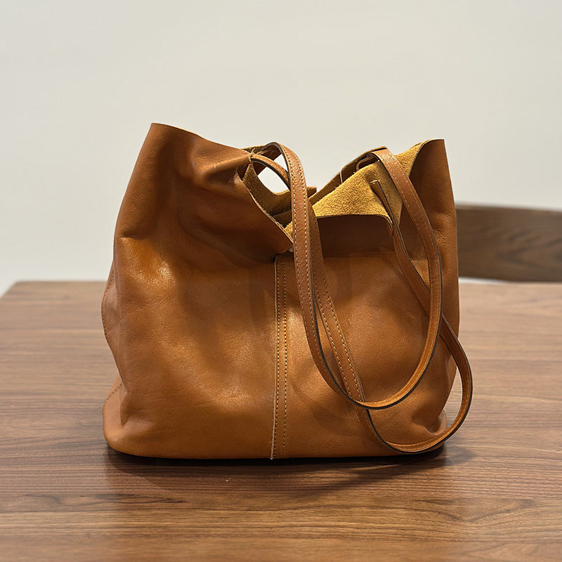 Vintage Genuine Leather Boho Tote Bag for Women Shoulder Handbag Brown