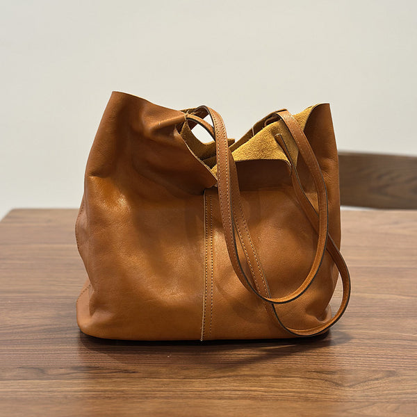 Vintage Genuine Leather Boho Tote Bag for Women Shoulder Handbag Brown