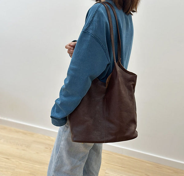 Vintage Genuine Leather Boho Tote Bag for Women Shoulder Handbag Genuine-Leather