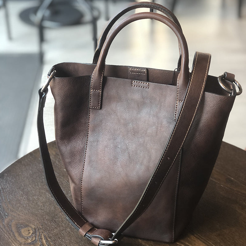 Vintage Genuine Leather Bucket Bag for Women Handheld Shoulder Crossbody Purse Affordable