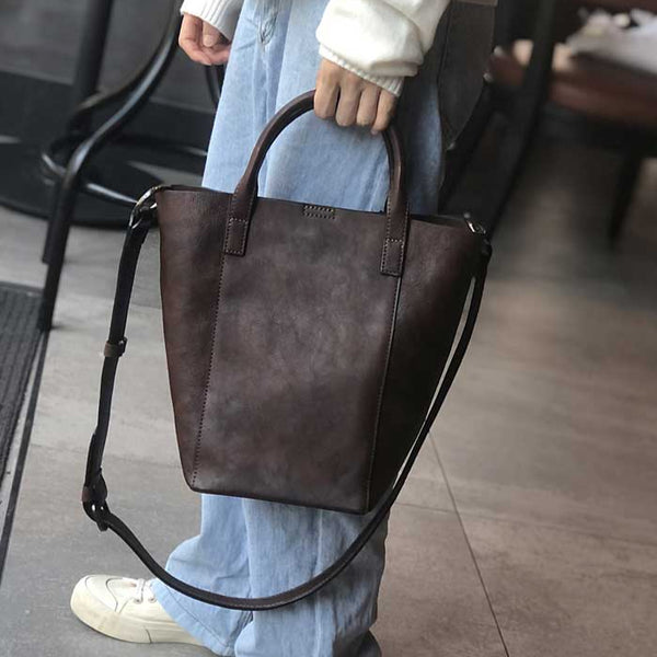 Vintage Genuine Leather Bucket Bag for Women Handheld Shoulder Crossbody Purse Badass