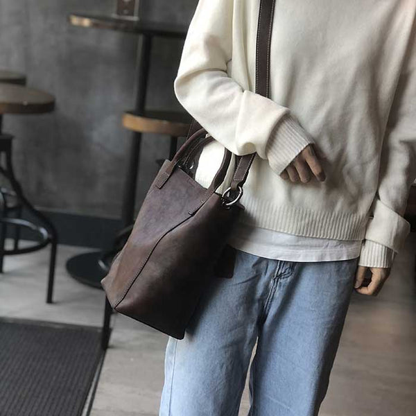 Vintage Genuine Leather Bucket Bag for Women Handheld Shoulder Crossbody Purse Beautiful