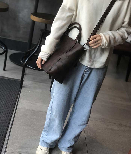 Vintage Genuine Leather Bucket Bag for Women Handheld Shoulder Crossbody Purse Black