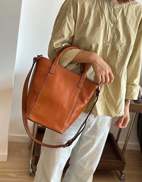 Vintage Genuine Leather Bucket Bag for Women Handheld Shoulder Crossbody Purse Chic