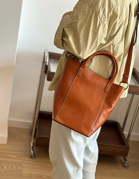 Vintage Genuine Leather Bucket Bag for Women Handheld Shoulder Crossbody Purse Classic