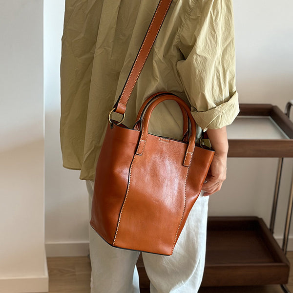 Vintage Genuine Leather Bucket Bag for Women Handheld Shoulder Crossbody Purse Classy