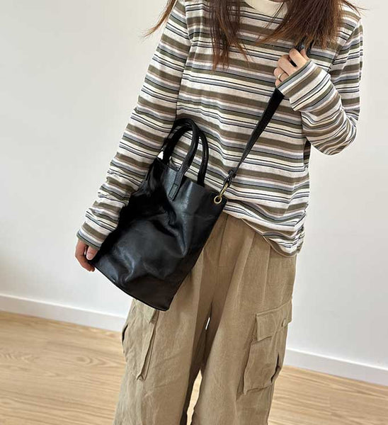 Vintage Genuine Leather Bucket Bag for Women Handheld Shoulder Crossbody Purse Cool