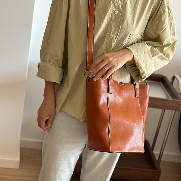 Vintage Genuine Leather Bucket Bag for Women Handheld Shoulder Crossbody Purse Cute