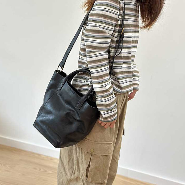 Vintage Genuine Leather Bucket Bag for Women Handheld Shoulder Crossbody Purse Designer